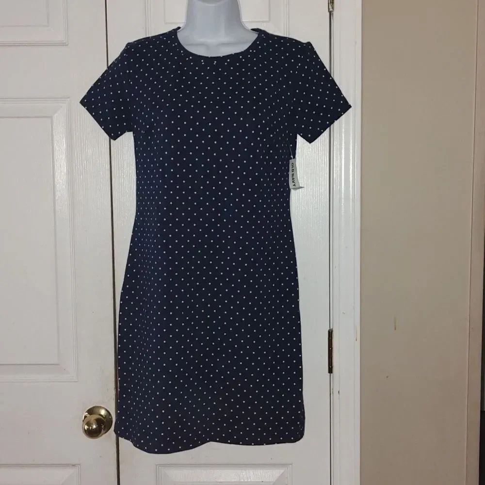 Old Navy navy white polka dot tshirt style dress Sz M NWT